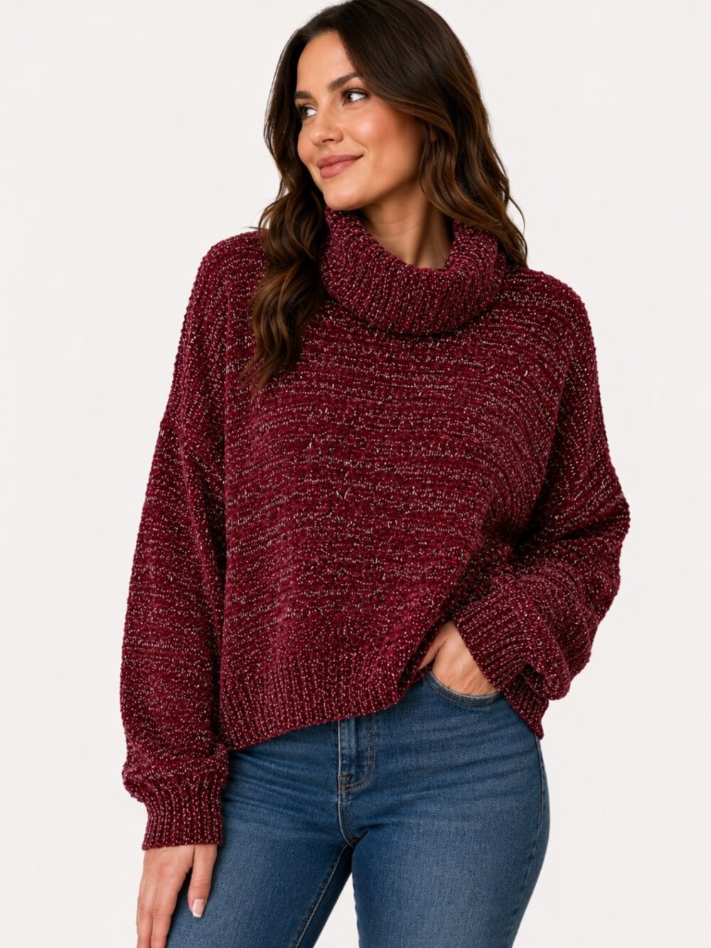 IZ Byer Burgundy Chenille Metallic Turtleneck Sweater XXL Oversized Cozy Soft